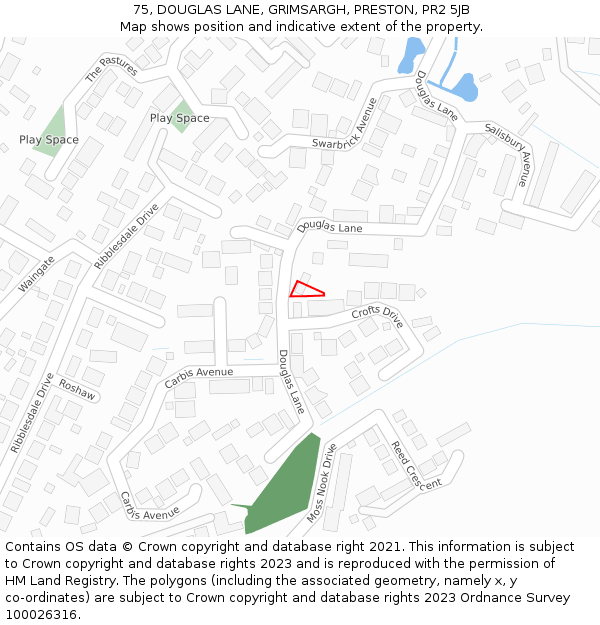 75, DOUGLAS LANE, GRIMSARGH, PRESTON, PR2 5JB: Location map and indicative extent of plot