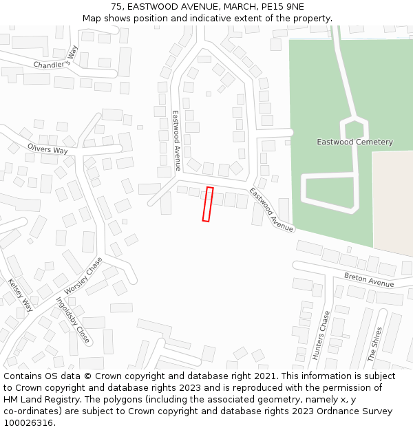 75, EASTWOOD AVENUE, MARCH, PE15 9NE: Location map and indicative extent of plot