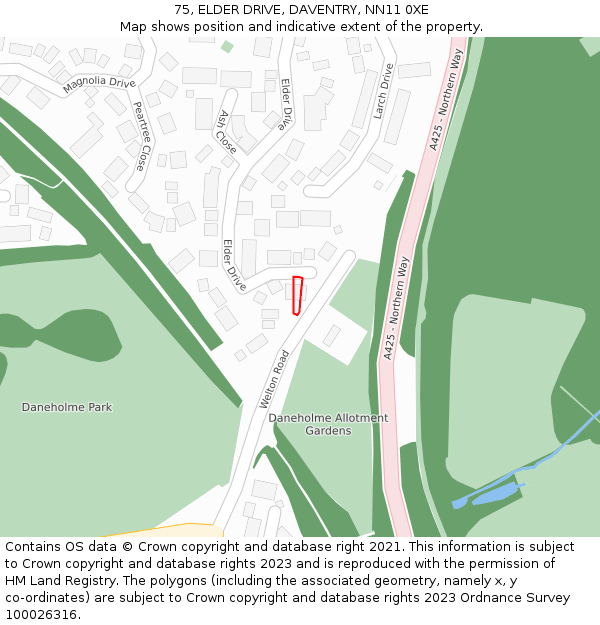 75, ELDER DRIVE, DAVENTRY, NN11 0XE: Location map and indicative extent of plot