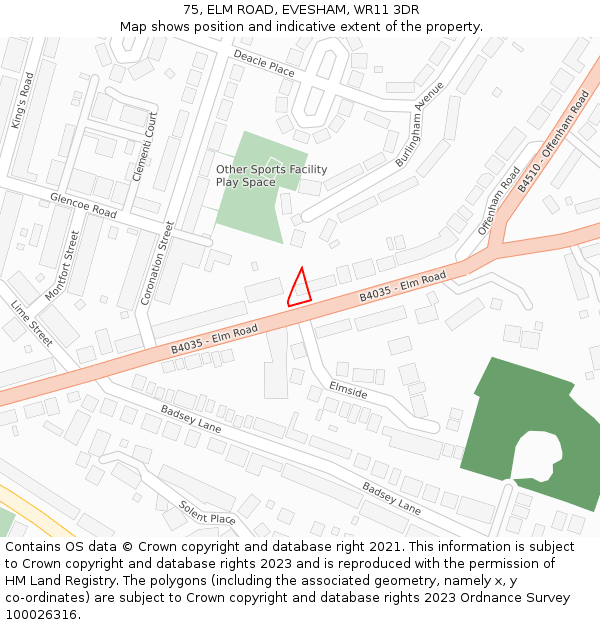 75, ELM ROAD, EVESHAM, WR11 3DR: Location map and indicative extent of plot