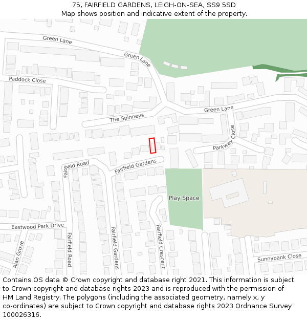 75, FAIRFIELD GARDENS, LEIGH-ON-SEA, SS9 5SD: Location map and indicative extent of plot