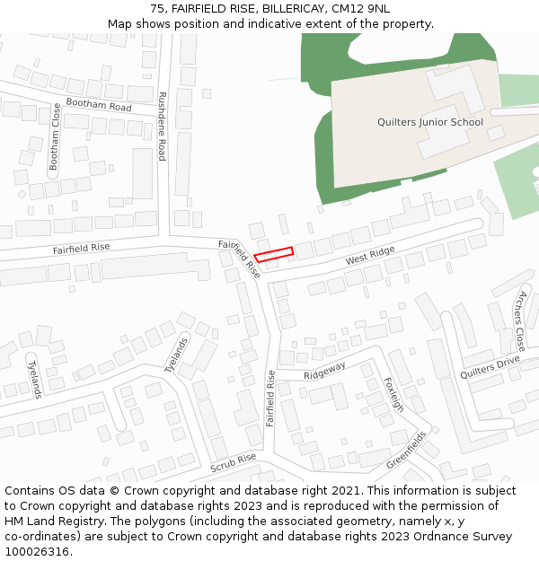 75, FAIRFIELD RISE, BILLERICAY, CM12 9NL: Location map and indicative extent of plot