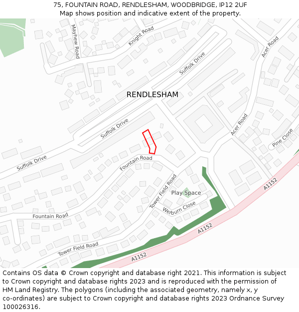 75, FOUNTAIN ROAD, RENDLESHAM, WOODBRIDGE, IP12 2UF: Location map and indicative extent of plot