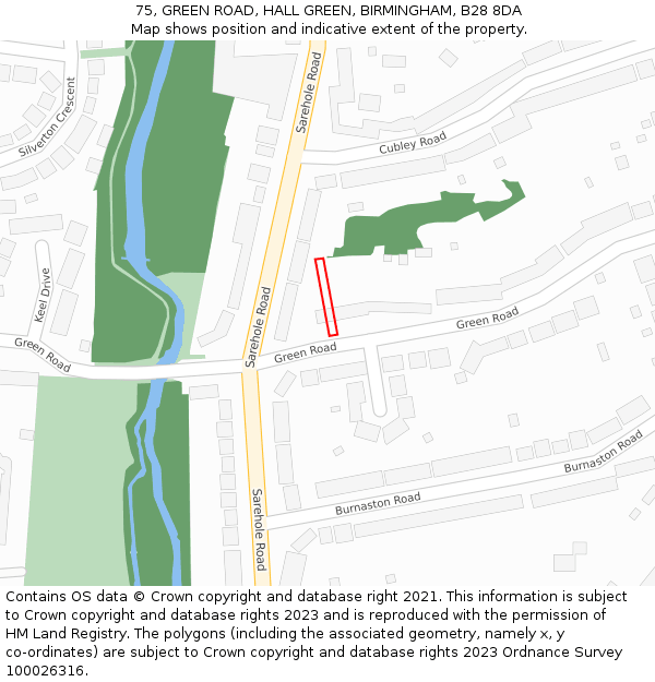 75, GREEN ROAD, HALL GREEN, BIRMINGHAM, B28 8DA: Location map and indicative extent of plot