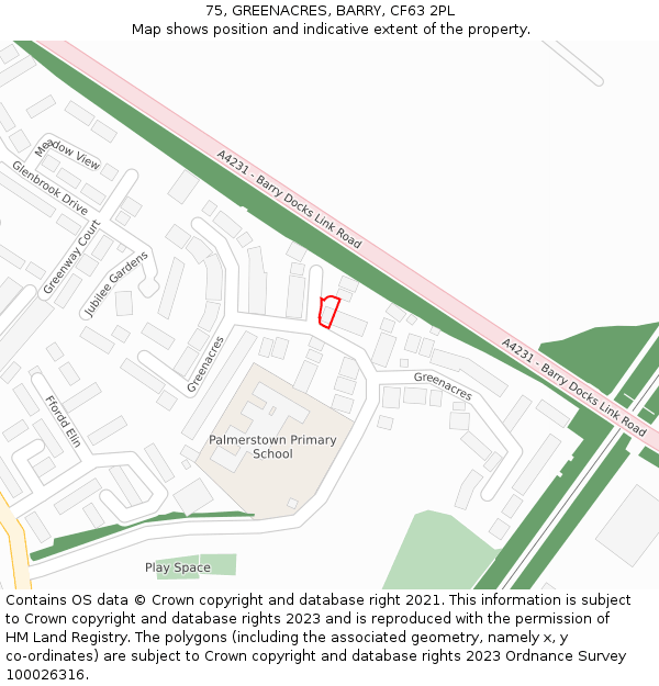 75, GREENACRES, BARRY, CF63 2PL: Location map and indicative extent of plot