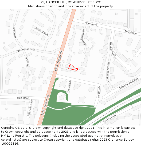 75, HANGER HILL, WEYBRIDGE, KT13 9YG: Location map and indicative extent of plot