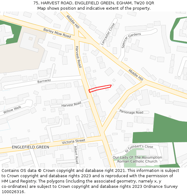 75, HARVEST ROAD, ENGLEFIELD GREEN, EGHAM, TW20 0QR: Location map and indicative extent of plot