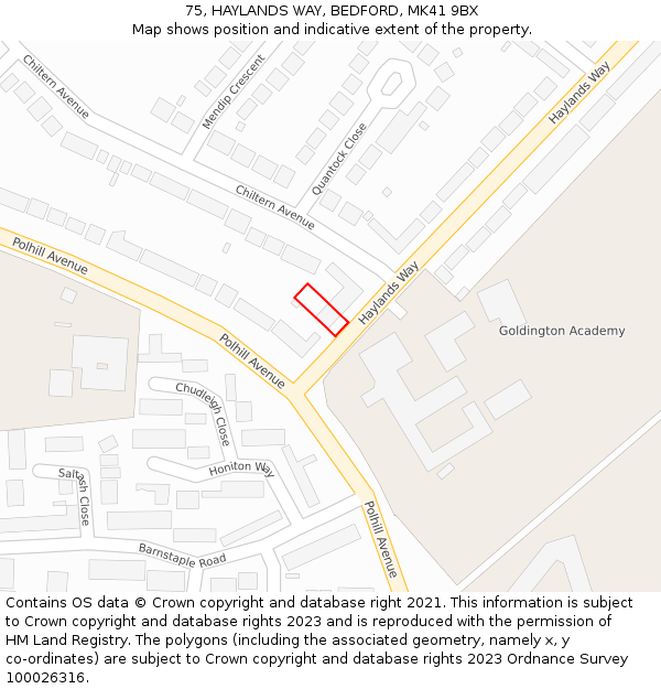 75, HAYLANDS WAY, BEDFORD, MK41 9BX: Location map and indicative extent of plot