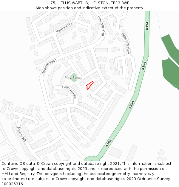 75, HELLIS WARTHA, HELSTON, TR13 8WE: Location map and indicative extent of plot