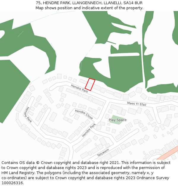 75, HENDRE PARK, LLANGENNECH, LLANELLI, SA14 8UR: Location map and indicative extent of plot