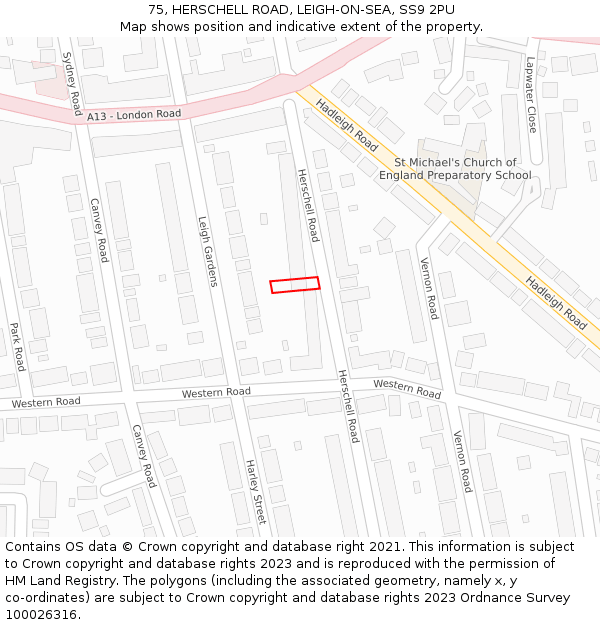 75, HERSCHELL ROAD, LEIGH-ON-SEA, SS9 2PU: Location map and indicative extent of plot