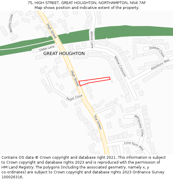 75, HIGH STREET, GREAT HOUGHTON, NORTHAMPTON, NN4 7AF: Location map and indicative extent of plot