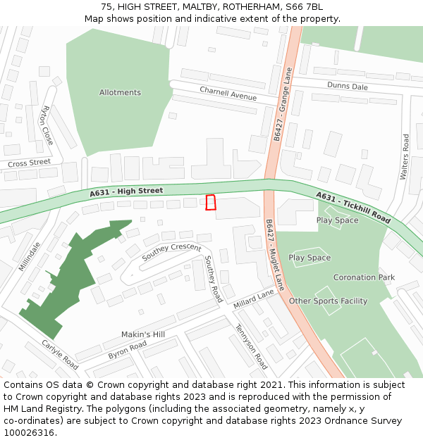 75, HIGH STREET, MALTBY, ROTHERHAM, S66 7BL: Location map and indicative extent of plot