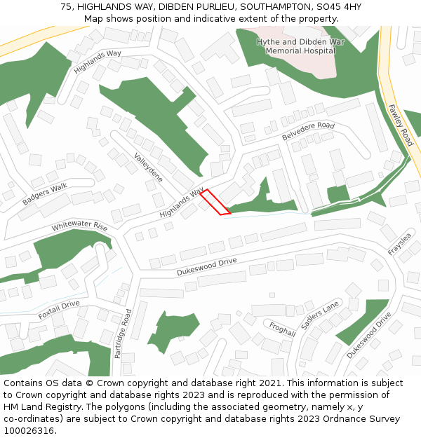 75, HIGHLANDS WAY, DIBDEN PURLIEU, SOUTHAMPTON, SO45 4HY: Location map and indicative extent of plot