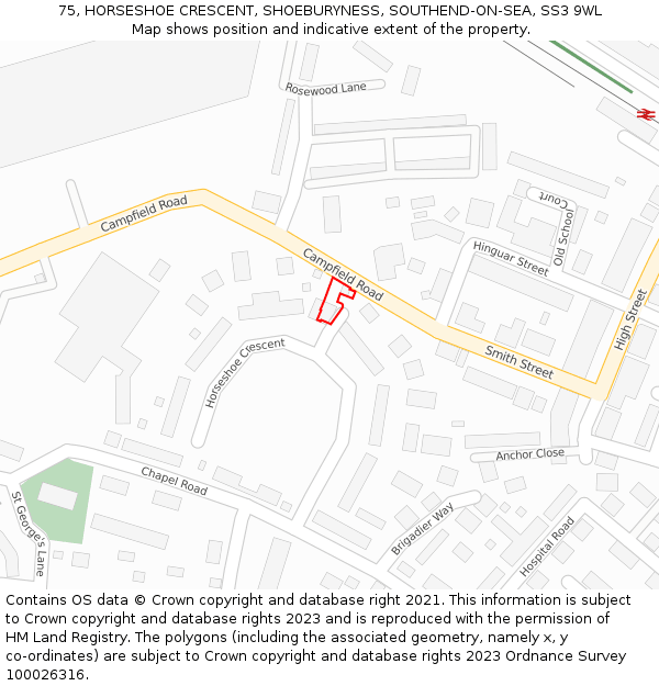 75, HORSESHOE CRESCENT, SHOEBURYNESS, SOUTHEND-ON-SEA, SS3 9WL: Location map and indicative extent of plot