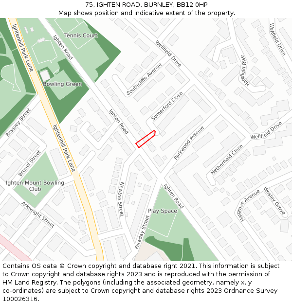 75, IGHTEN ROAD, BURNLEY, BB12 0HP: Location map and indicative extent of plot