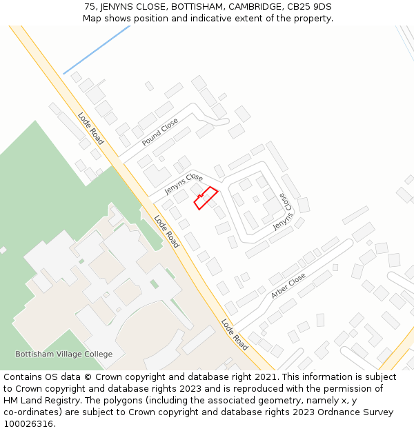 75, JENYNS CLOSE, BOTTISHAM, CAMBRIDGE, CB25 9DS: Location map and indicative extent of plot