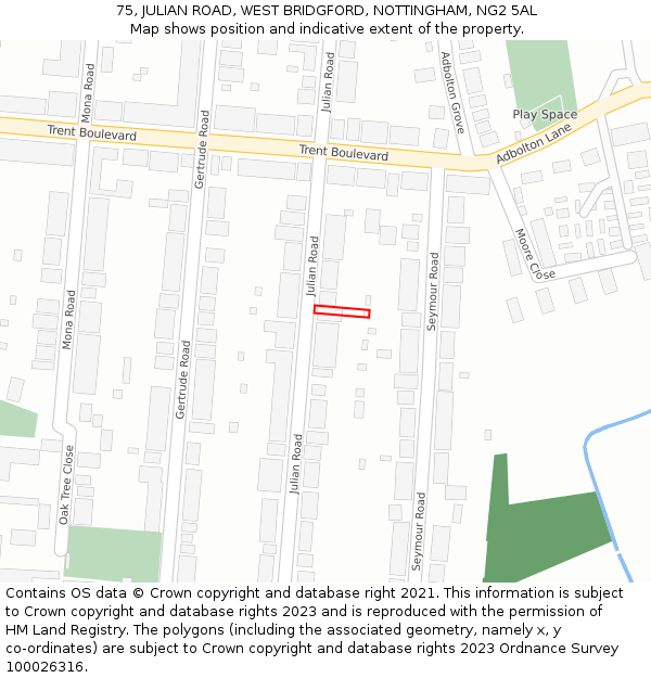 75, JULIAN ROAD, WEST BRIDGFORD, NOTTINGHAM, NG2 5AL: Location map and indicative extent of plot