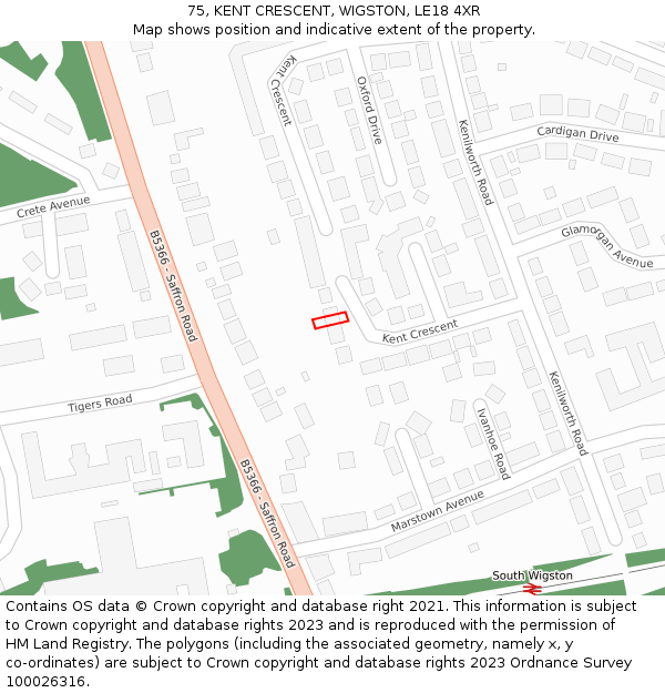 75, KENT CRESCENT, WIGSTON, LE18 4XR: Location map and indicative extent of plot
