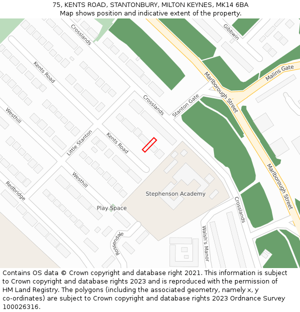 75, KENTS ROAD, STANTONBURY, MILTON KEYNES, MK14 6BA: Location map and indicative extent of plot