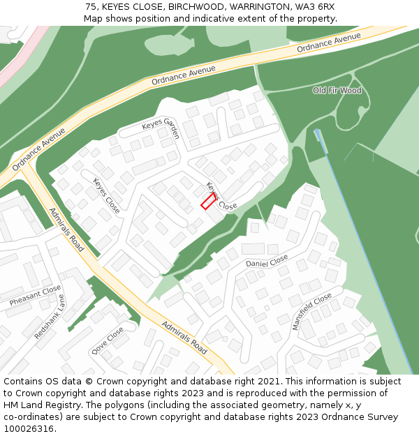 75, KEYES CLOSE, BIRCHWOOD, WARRINGTON, WA3 6RX: Location map and indicative extent of plot