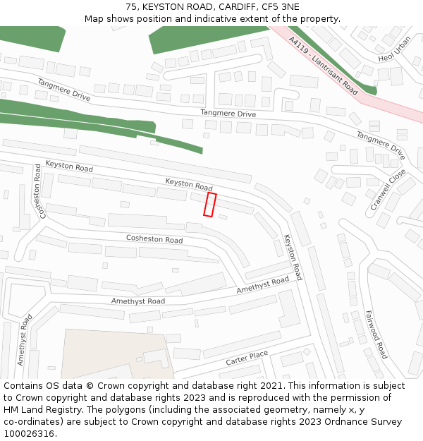 75, KEYSTON ROAD, CARDIFF, CF5 3NE: Location map and indicative extent of plot