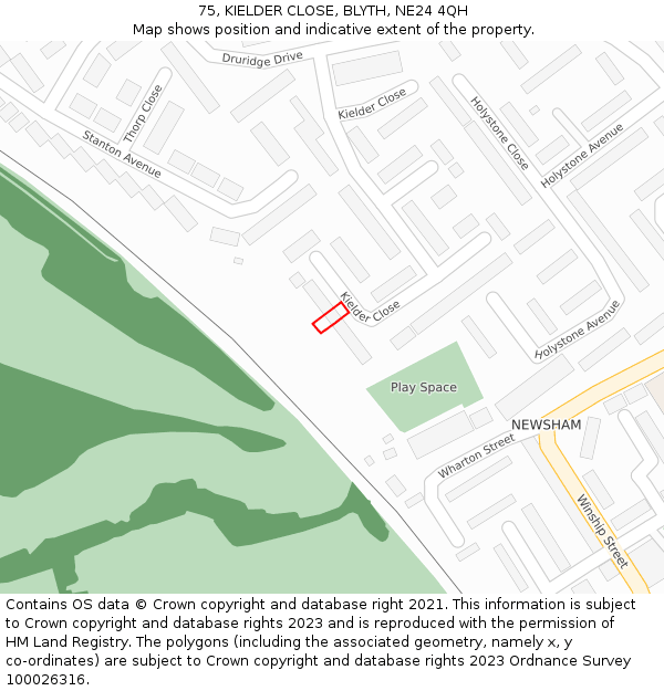 75, KIELDER CLOSE, BLYTH, NE24 4QH: Location map and indicative extent of plot