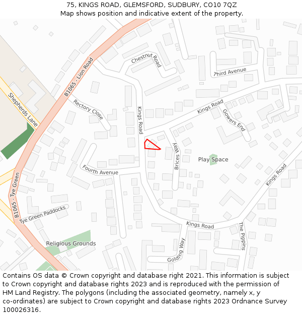 75, KINGS ROAD, GLEMSFORD, SUDBURY, CO10 7QZ: Location map and indicative extent of plot