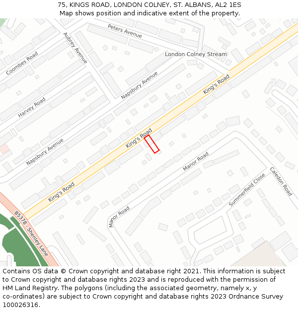 75, KINGS ROAD, LONDON COLNEY, ST. ALBANS, AL2 1ES: Location map and indicative extent of plot