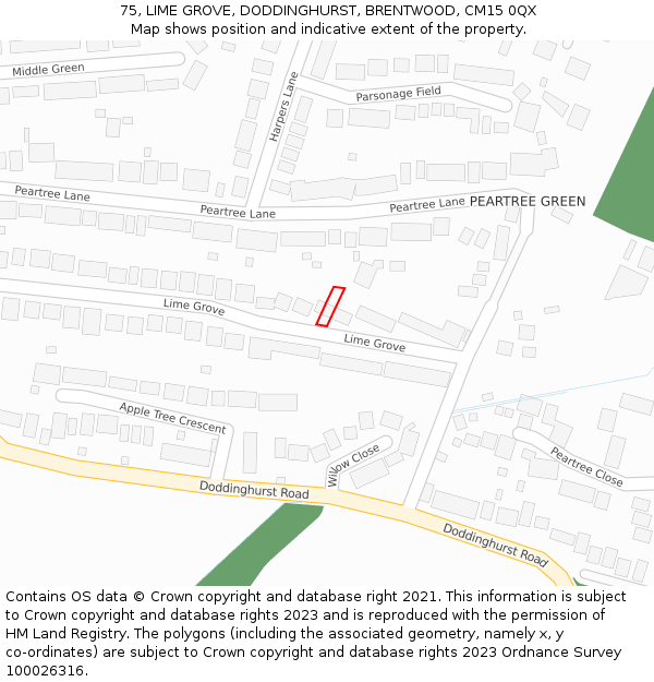 75, LIME GROVE, DODDINGHURST, BRENTWOOD, CM15 0QX: Location map and indicative extent of plot