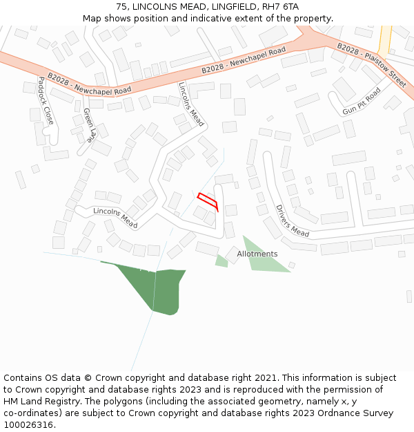 75, LINCOLNS MEAD, LINGFIELD, RH7 6TA: Location map and indicative extent of plot