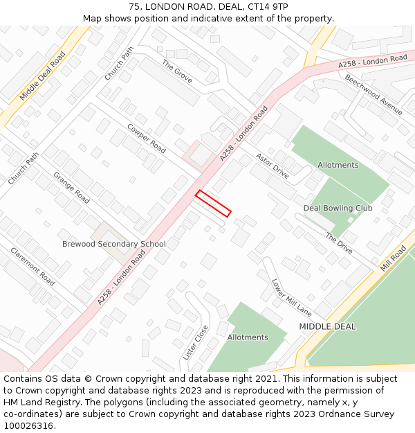 75, LONDON ROAD, DEAL, CT14 9TP: Location map and indicative extent of plot