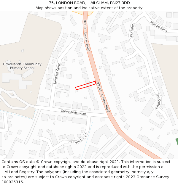 75, LONDON ROAD, HAILSHAM, BN27 3DD: Location map and indicative extent of plot