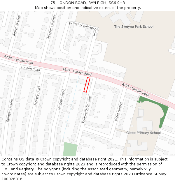 75, LONDON ROAD, RAYLEIGH, SS6 9HR: Location map and indicative extent of plot