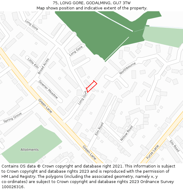 75, LONG GORE, GODALMING, GU7 3TW: Location map and indicative extent of plot