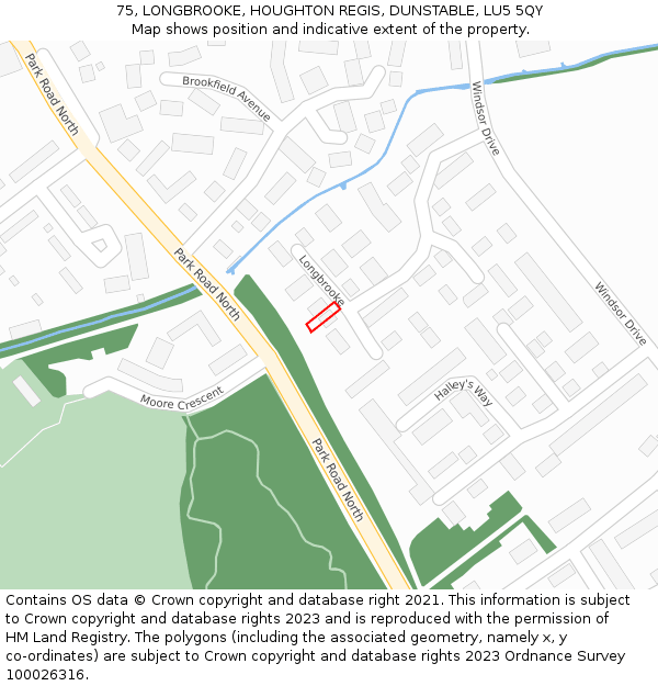 75, LONGBROOKE, HOUGHTON REGIS, DUNSTABLE, LU5 5QY: Location map and indicative extent of plot