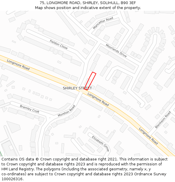 75, LONGMORE ROAD, SHIRLEY, SOLIHULL, B90 3EF: Location map and indicative extent of plot