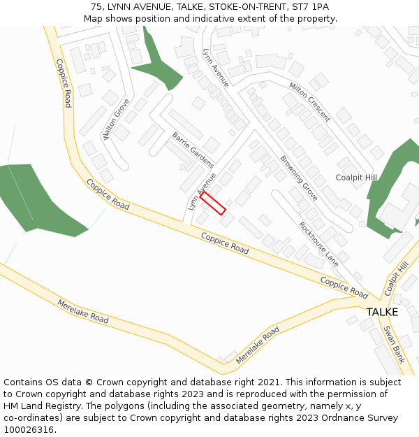 75, LYNN AVENUE, TALKE, STOKE-ON-TRENT, ST7 1PA: Location map and indicative extent of plot