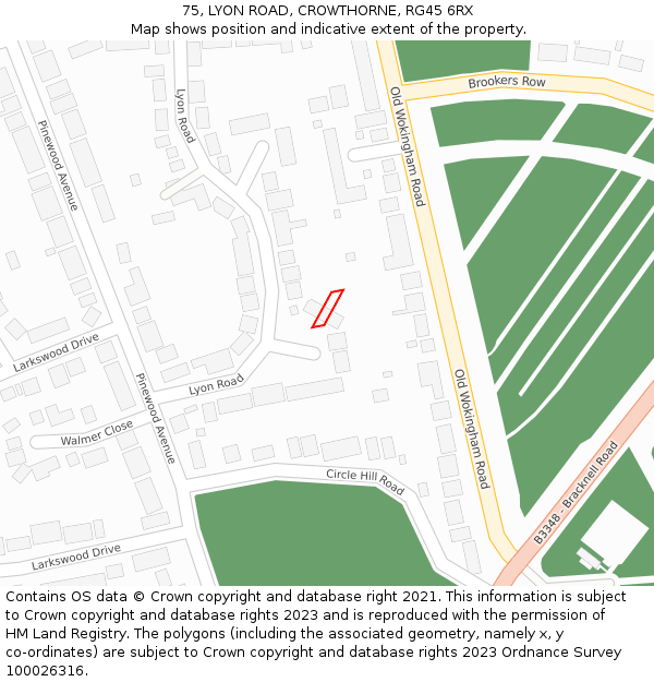 75, LYON ROAD, CROWTHORNE, RG45 6RX: Location map and indicative extent of plot
