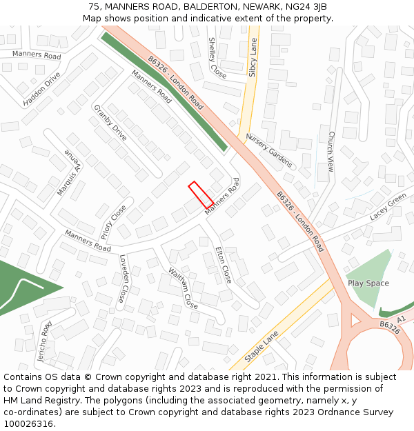 75, MANNERS ROAD, BALDERTON, NEWARK, NG24 3JB: Location map and indicative extent of plot