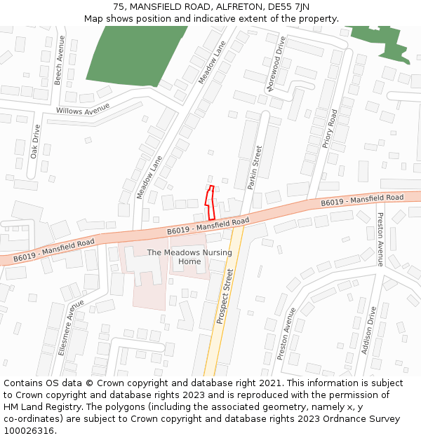 75, MANSFIELD ROAD, ALFRETON, DE55 7JN: Location map and indicative extent of plot