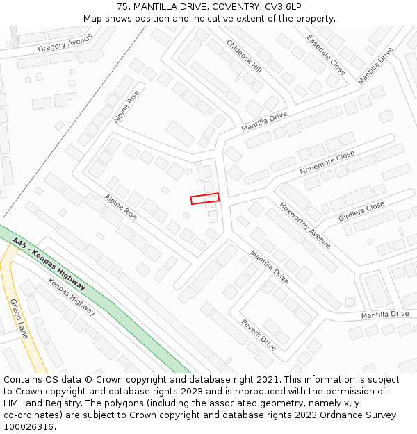 75, MANTILLA DRIVE, COVENTRY, CV3 6LP: Location map and indicative extent of plot