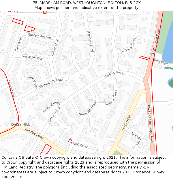 75, MARSHAM ROAD, WESTHOUGHTON, BOLTON, BL5 2GX: Location map and indicative extent of plot