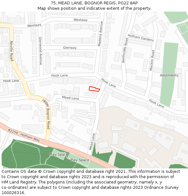 75, MEAD LANE, BOGNOR REGIS, PO22 8AP: Location map and indicative extent of plot