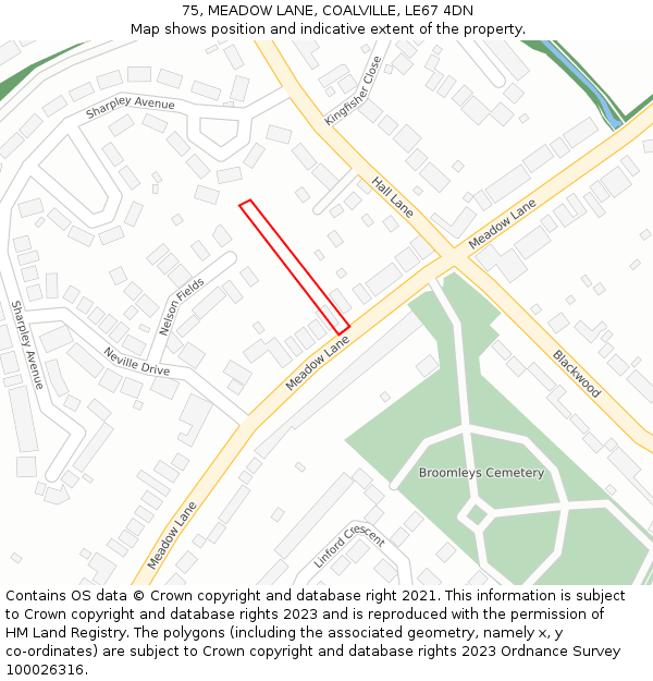 75, MEADOW LANE, COALVILLE, LE67 4DN: Location map and indicative extent of plot