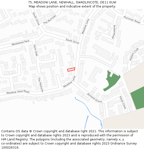 75, MEADOW LANE, NEWHALL, SWADLINCOTE, DE11 0UW: Location map and indicative extent of plot