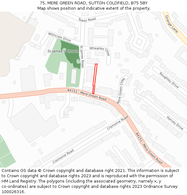 75, MERE GREEN ROAD, SUTTON COLDFIELD, B75 5BY: Location map and indicative extent of plot