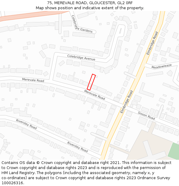 75, MEREVALE ROAD, GLOUCESTER, GL2 0RF: Location map and indicative extent of plot