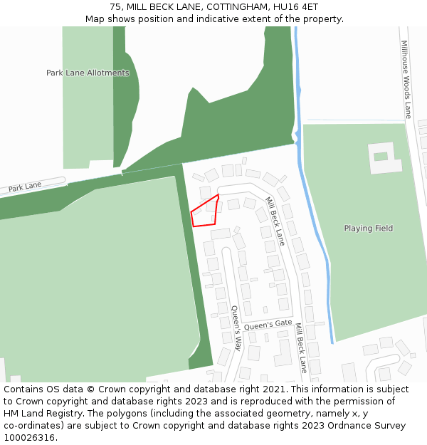 75, MILL BECK LANE, COTTINGHAM, HU16 4ET: Location map and indicative extent of plot
