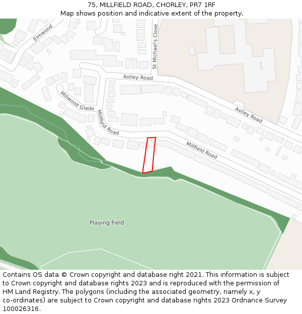 75, MILLFIELD ROAD, CHORLEY, PR7 1RF: Location map and indicative extent of plot